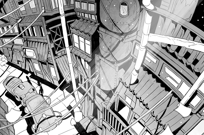 Monochrome drawing of a run-down cyberpunk city, with the downward perspective of a fisheye lens.