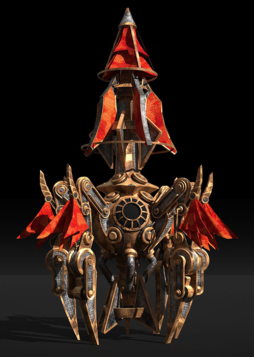 3D model of a brass and cloth steampunk-era rocket rendered against a dark background.