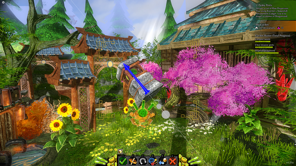 Screenshot in Jade Spring showing the player adjusting a decoration by dragging it with a gizmo arrow.
