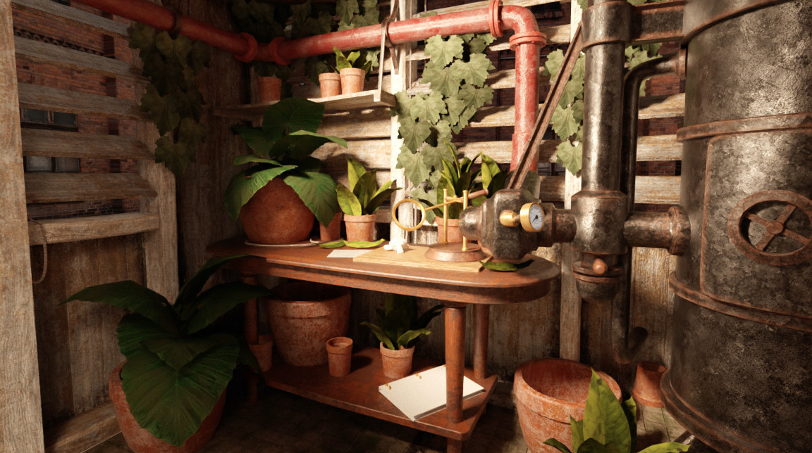 Render of the greenhouse in Corinne's house. Corinne is my Call of Cthulhu character; as an eccentric engineer she keeps many biological specimens and performs a number of experiments, carrying out this work in a greenhouse which is at once cozy and eerie, depicted in the image.