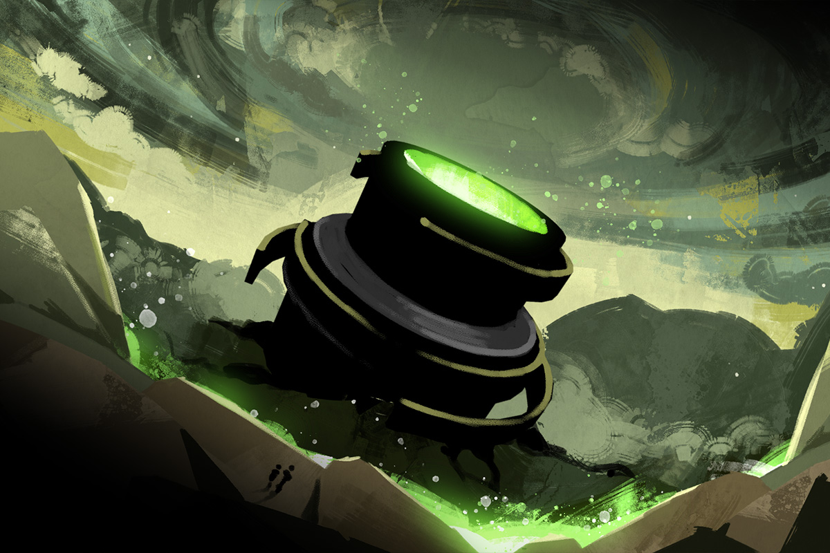 A painted concept for my game, Dwelt. A huge steel opening, emanating an eerie green glow, sits atop a dreary and menacing green backdrop.