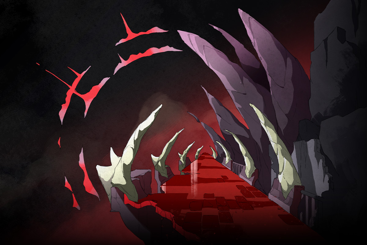 A painted concept for my game, Dwelt. A bridge, lined with an array of arcing rocks, extends off into an inky black distance, with vivid misty red hovering below.