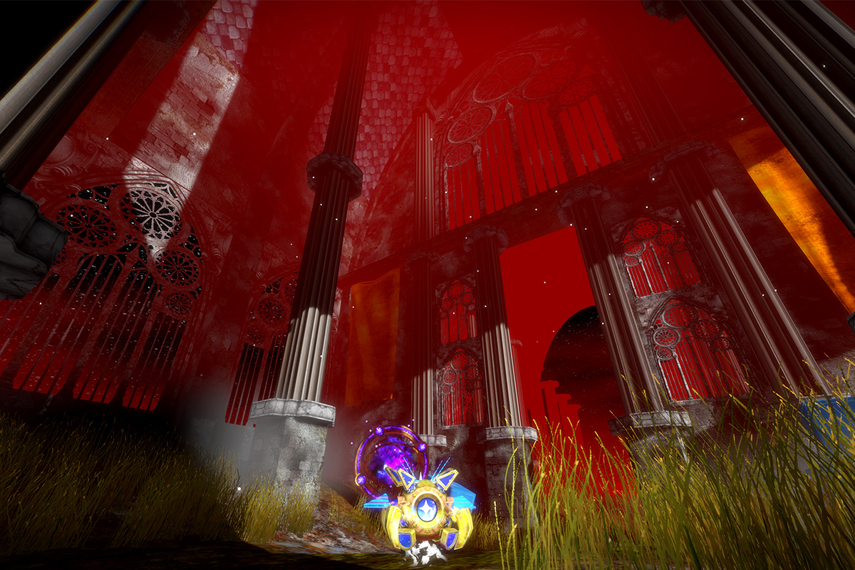 Screenshot from my game Dwelt, showing a tall, ancient cathedral doused in red and inky black.