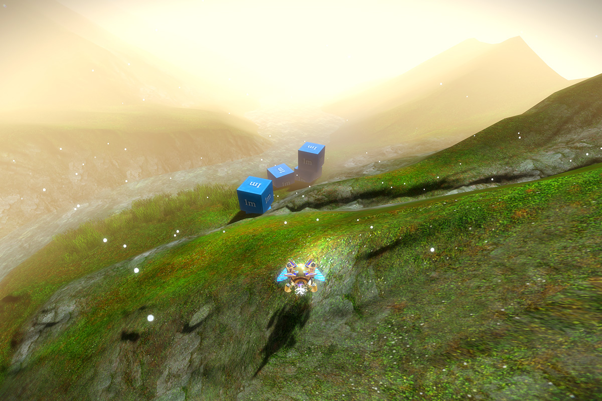 Screenshot from my game Dwelt, showing the armature moving down steep grass plains in a light, golden atmosphere.