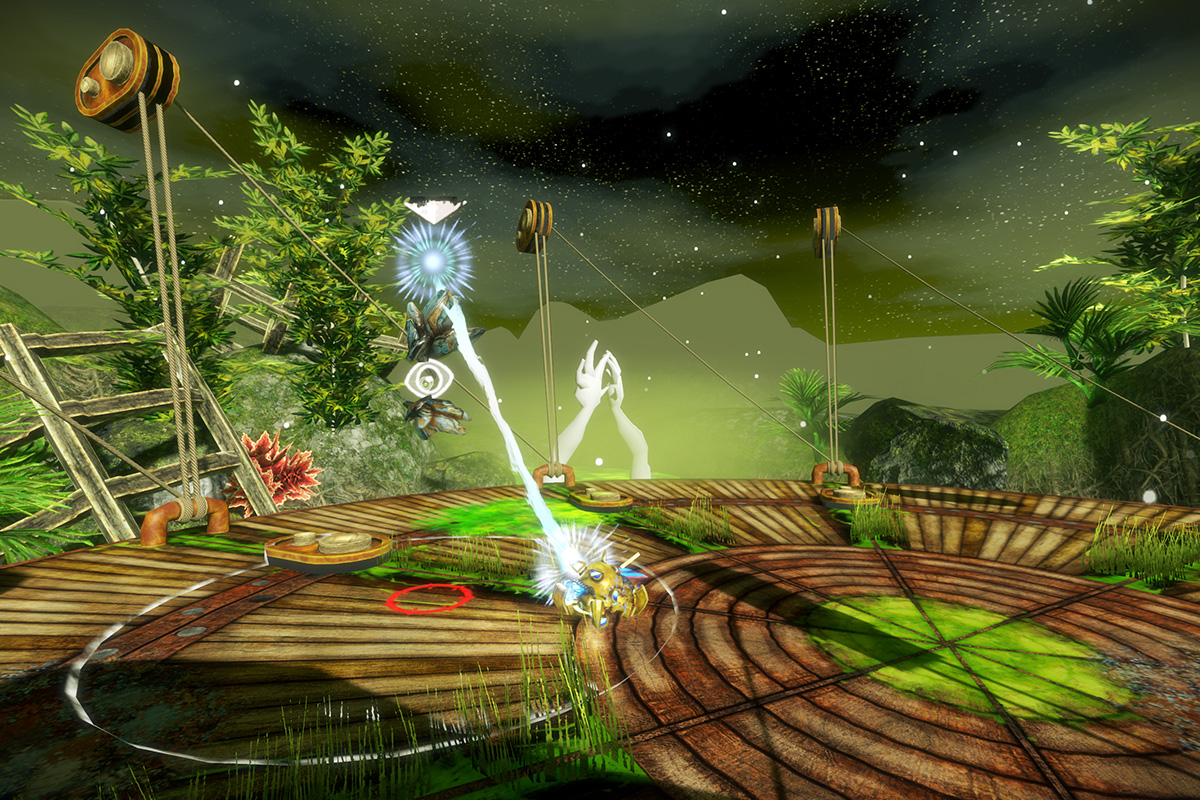 Screenshot from my game, Dwelt, featuring a robot firing a beam at a floating rock-like enemy, atop a wooden platform sitting in a warm acidic jungle.