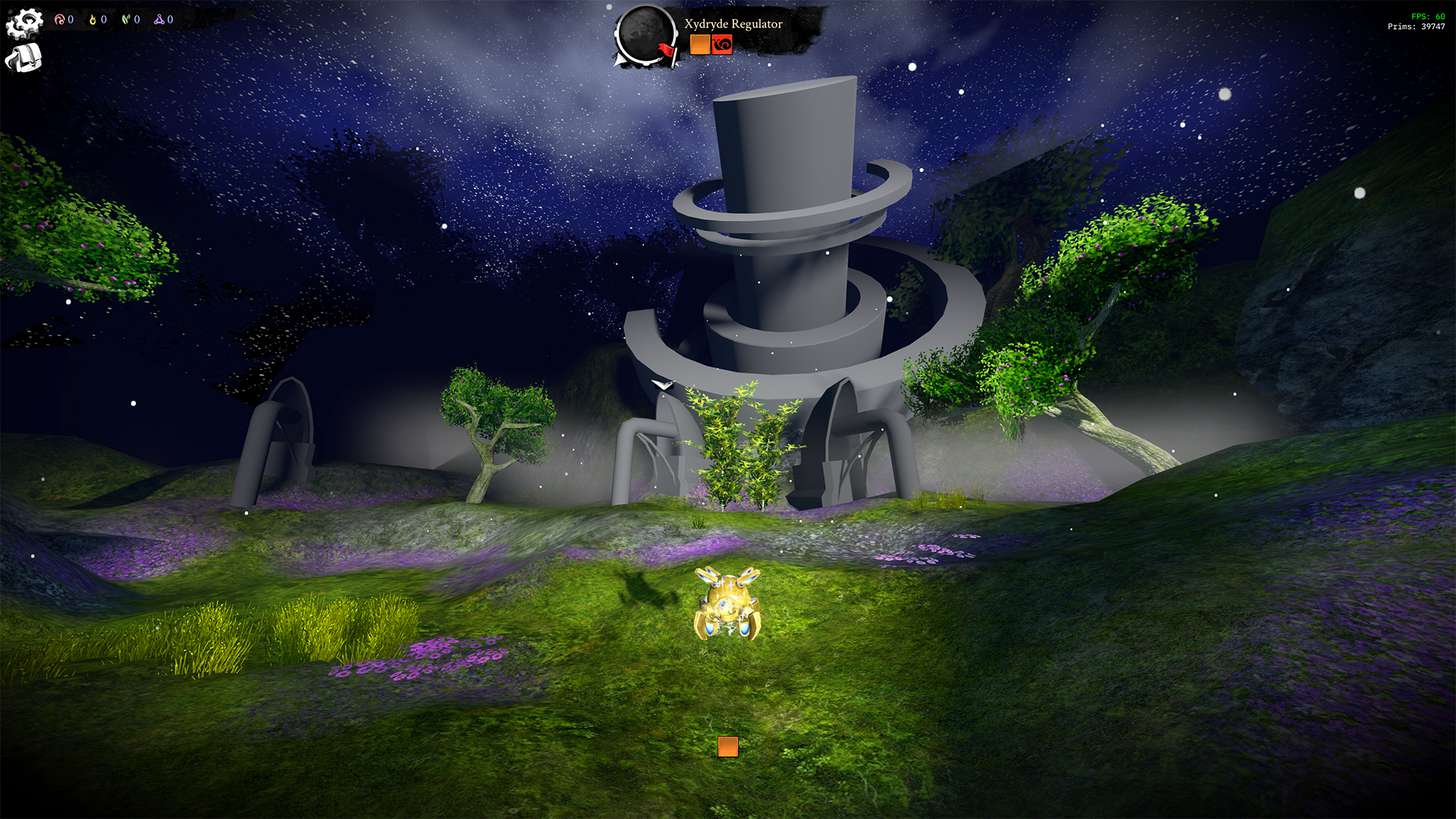 Screenshot of my work-in-progress video game Dwelt, showing a large military assembly (greyboxed) in a verdant night-time plain.