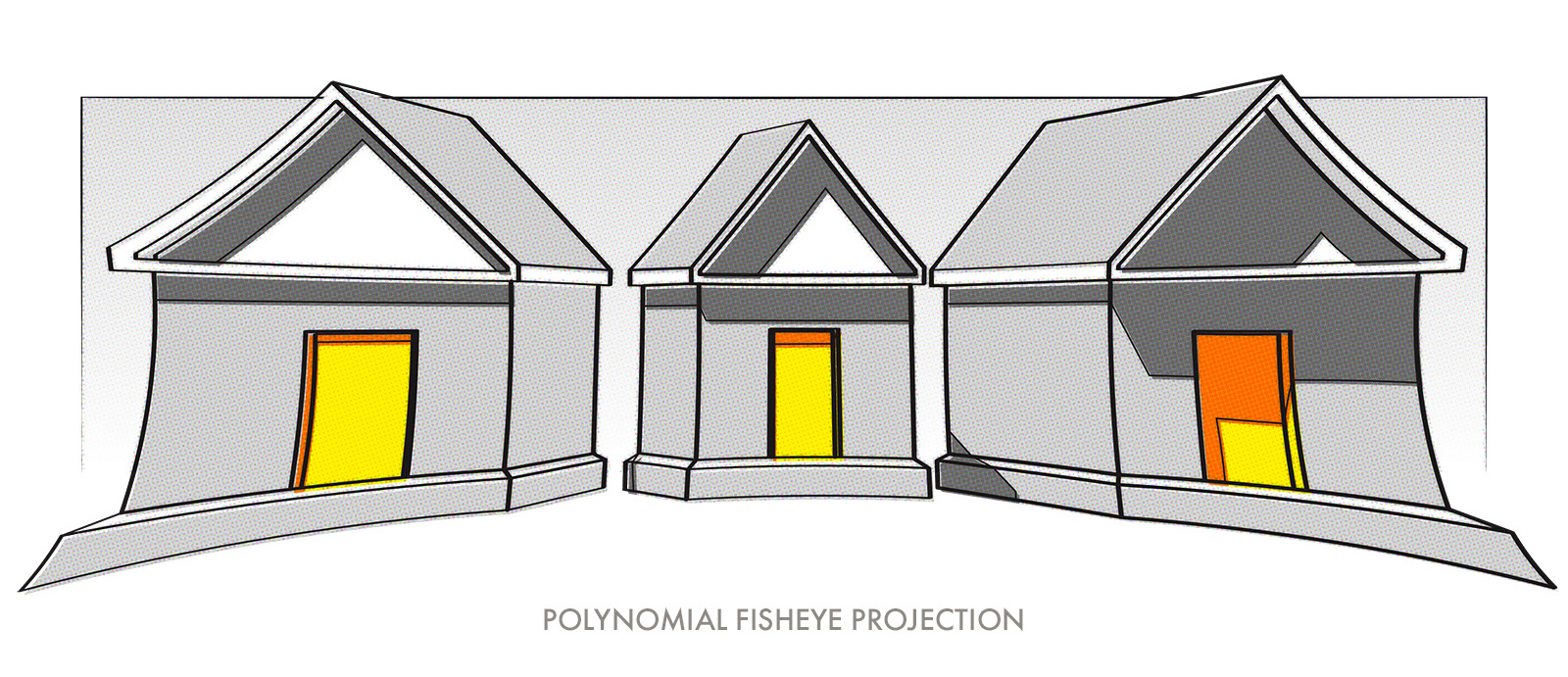 A collection of houses rendered in polynomial perspective, with the corners of the houses stretched out to the extents of the page.