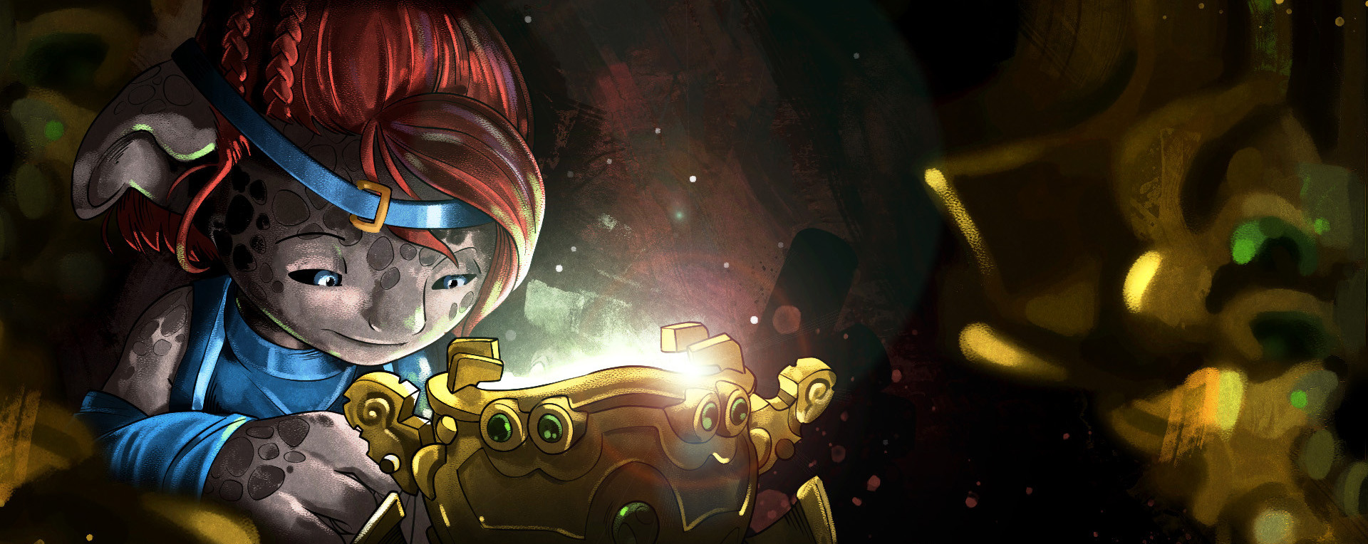 A painting of the GW2 asura Raiqqo, the mysterious steward of the Jade Spring. Here he is fixing the jade bot in a dimly-lit workshop.