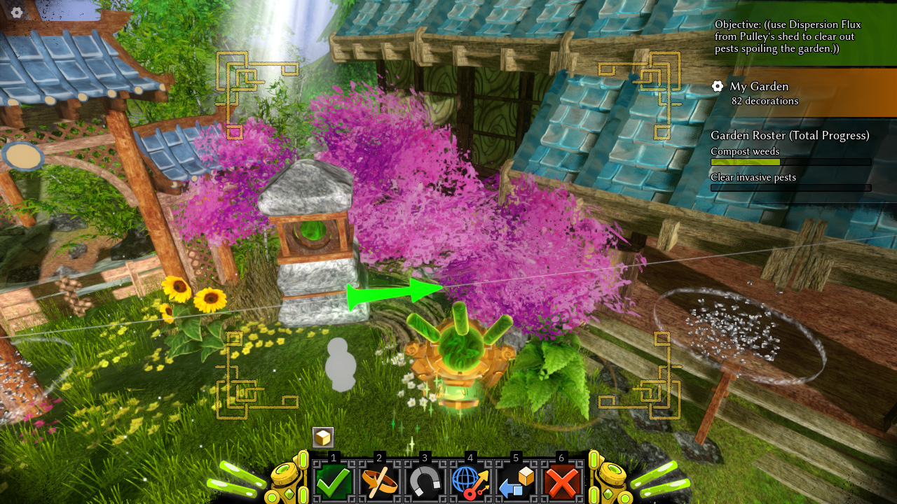 Jade Spring in-game image, showing a lantern decoration being dragged along a single axis, led by an arrow.