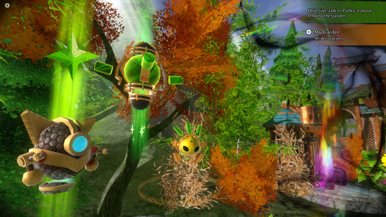 Jade Spring in-game image, showing a golden jade bot hovering next to a robot companion and a floating way-point.