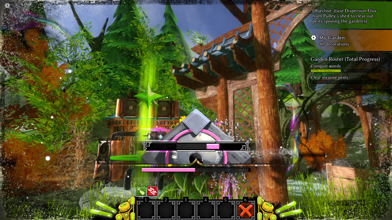 Jade Spring in-game image, showing the bug-clearing mini-game; a purple and metal mechanical device with a progress bar is featured as UI in the foreground.