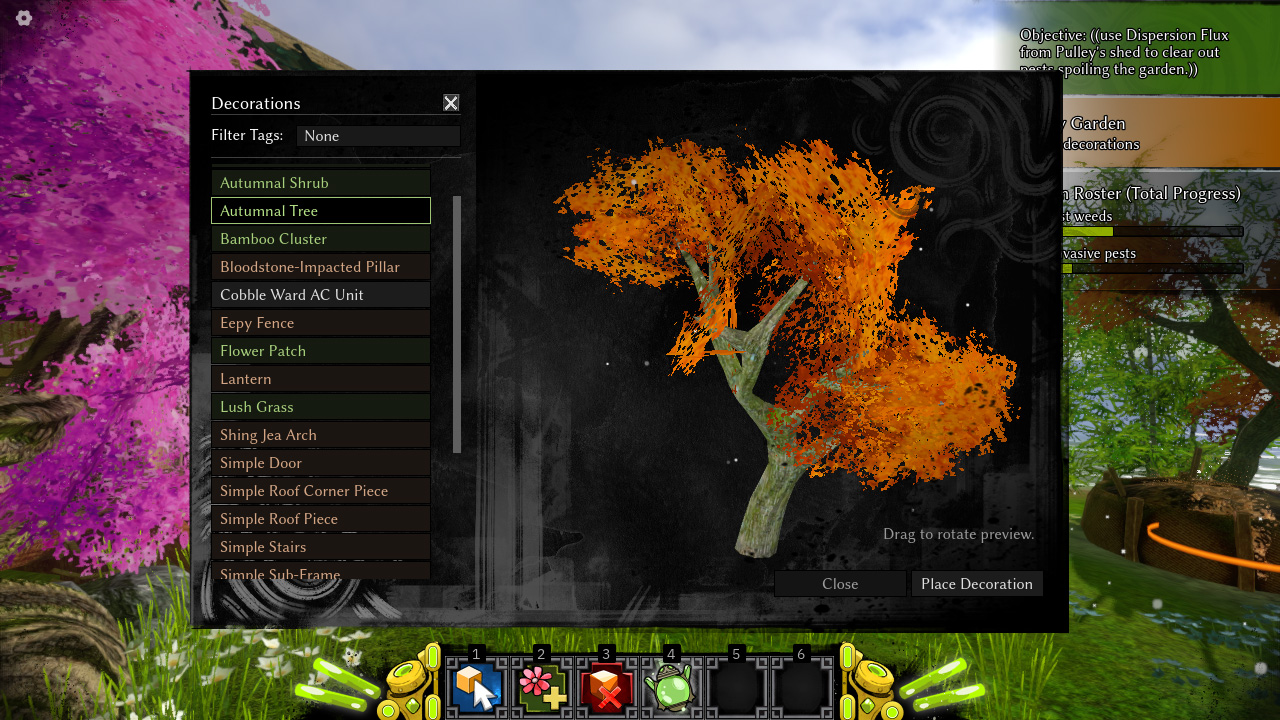 Jade Spring in-game image, showing the decoration pane, with a list of decorations on the left and a preview of an autumnal tree.