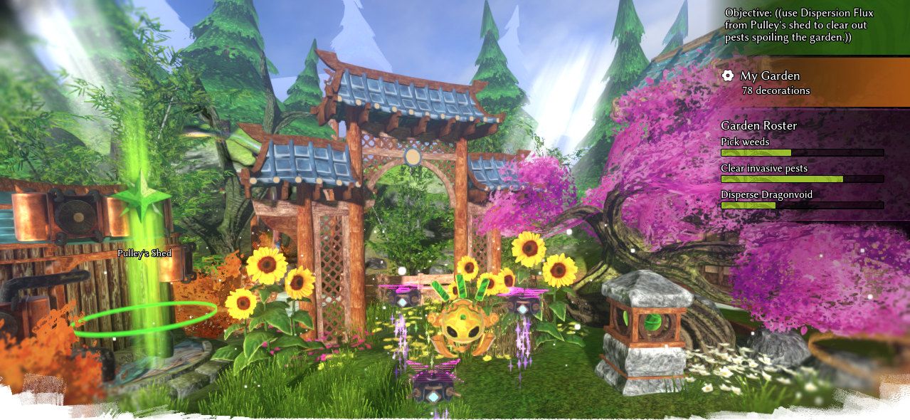 Jade Spring in-game image, showing a golden jade bot hovering next to various decorations (like a rustic arch and lantern) amongst sunflowers, foliage, and other greenery.