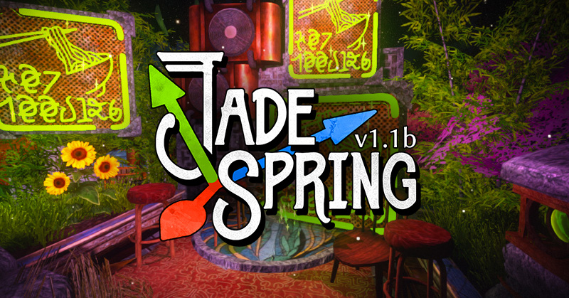 'Jade Spring v1.1b' in front of a screenshot in-game showing chairs, bamboo, and neon signs at night.