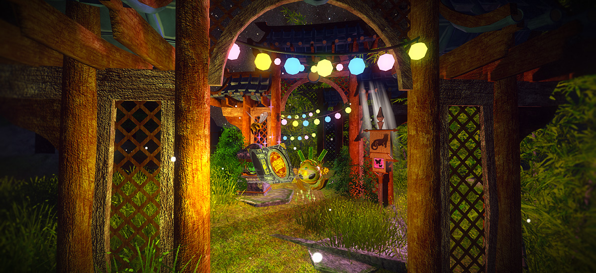 Screenshot of my Guild Wars 2 fan game, Jade Spring, showing the Jade Bot at night with arches, string lights, and an overall cozy setting.
