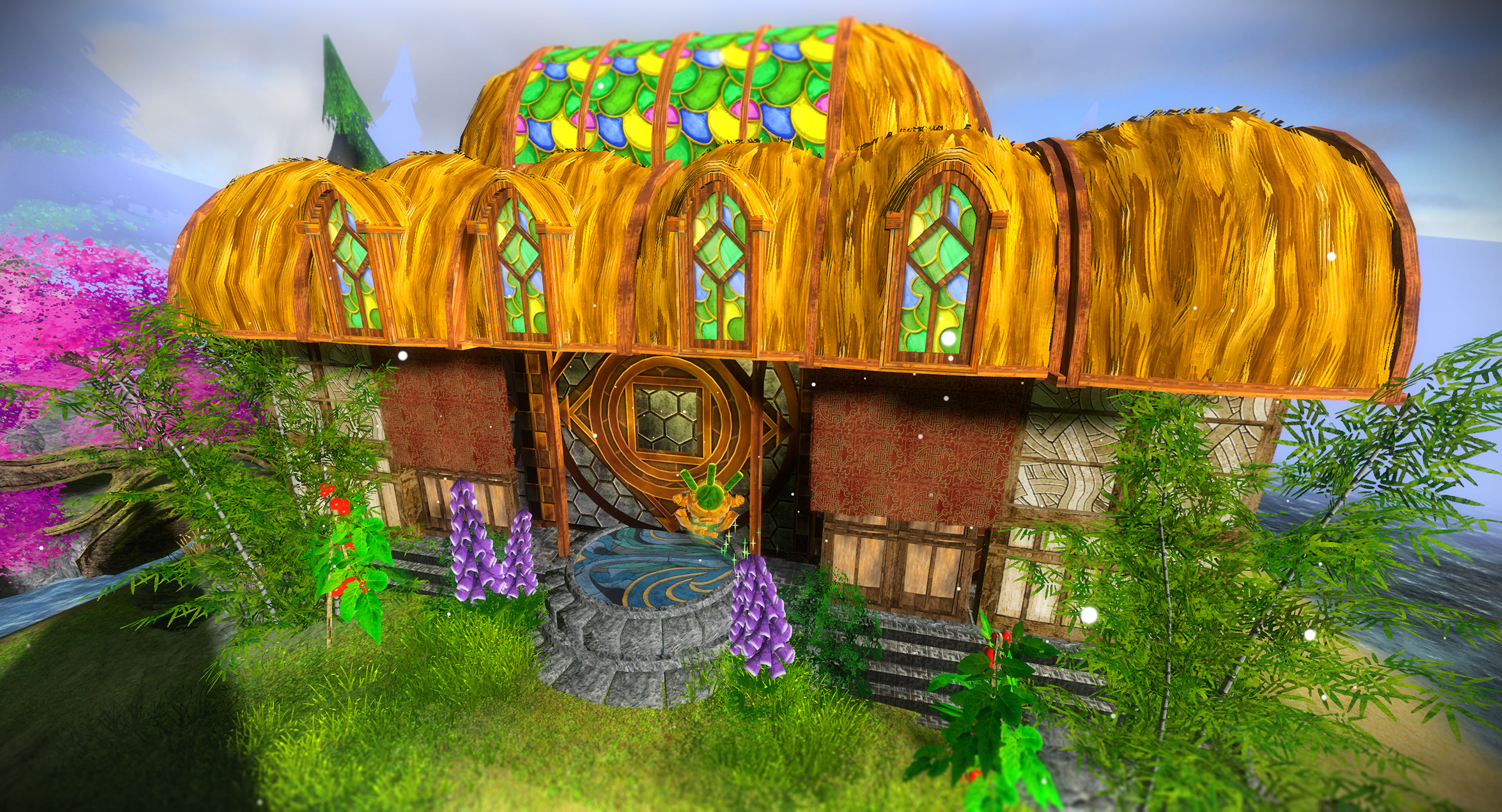 Screenshot of my Guild Wars 2 fan game, Jade Spring, showing the Jade Bot looking at a house made out of various wood and thatch components and decorations.