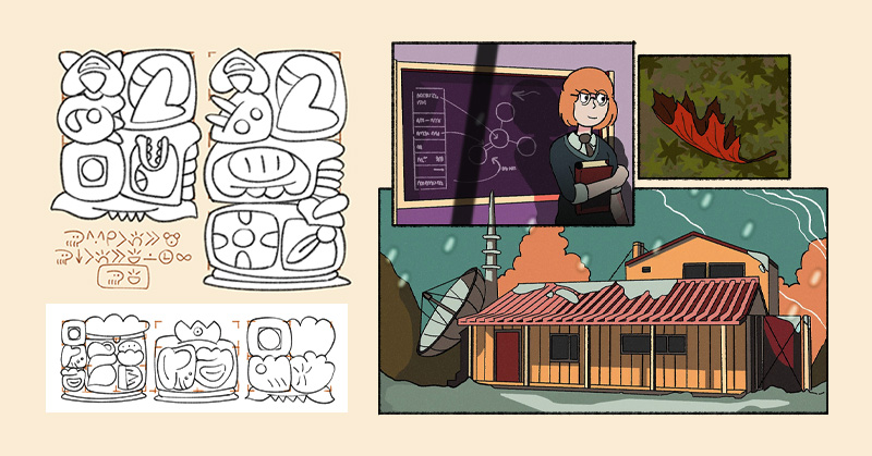 A series of sitelen sitelen writing in Toki Pona. A comic panel series featuring a scientist, an autumn leaf, and an arctic weather station in the snow.