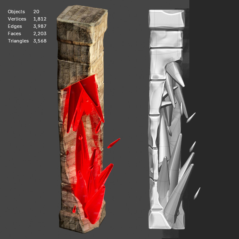 Captures in Blender of a Bloodstone-impacted pillar, featuring an eroded column with red crystal shards growing out of its badly damaged center.