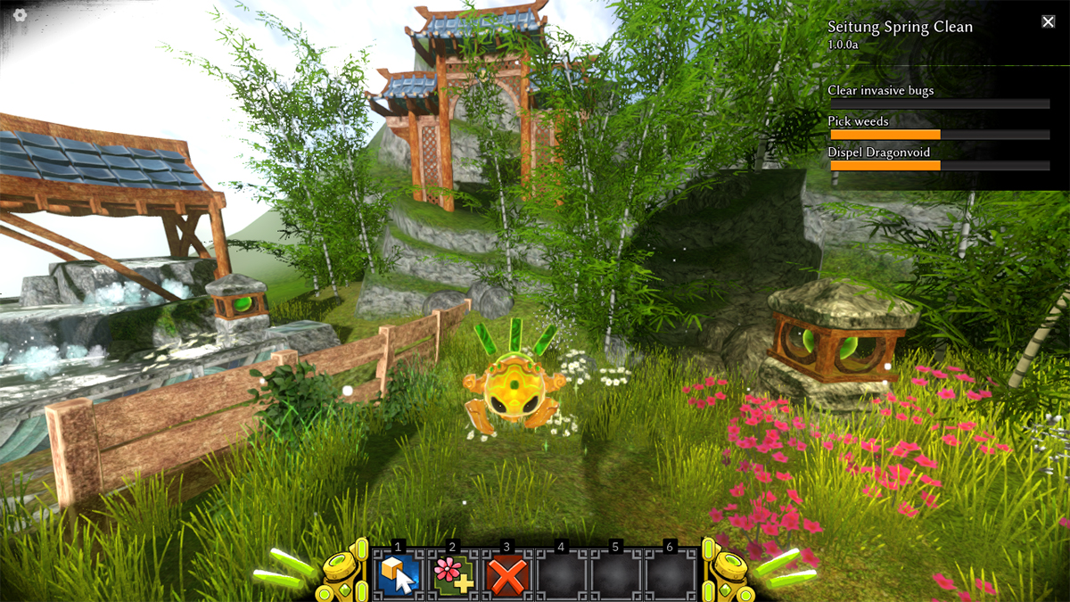 Screen capture of the Seitung Spring Clean game, showing a golden jade bot hovering above a verdant field filled with a few decorations like a fountain and fences.