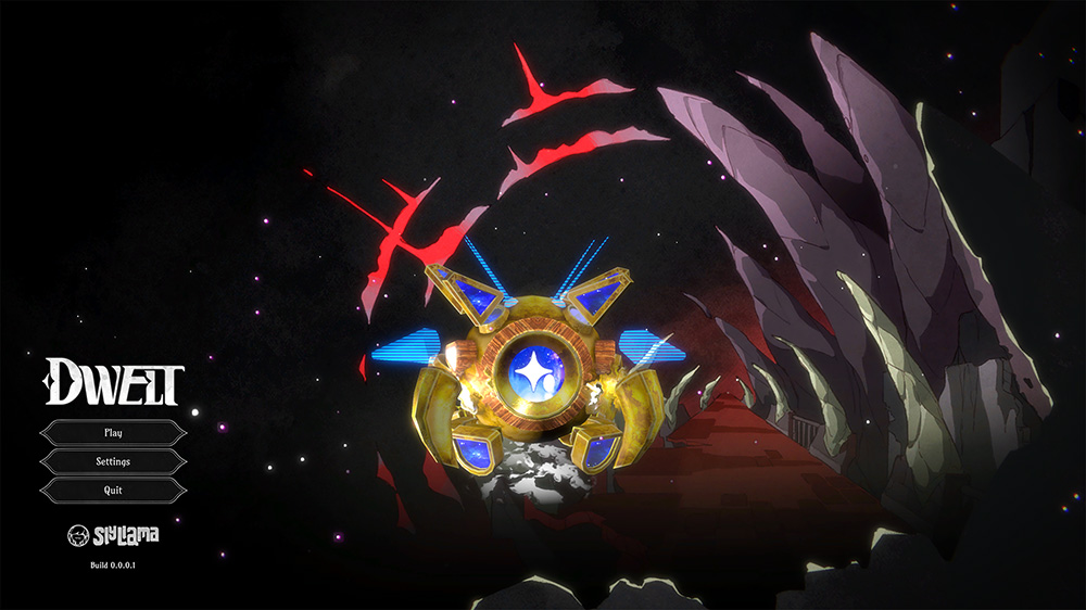 A screenshot of the main menu for my game, Dwelt, showing a robot in the center of the screen with a reddish landscape rendered in parallax behind them.